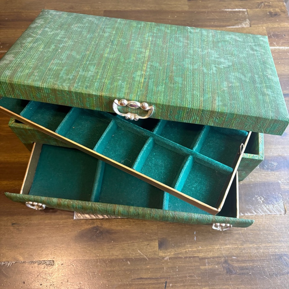 60’s Lady Buxton Jewelry Case Box Vintage Green Brocade Tiered Organizer Glam